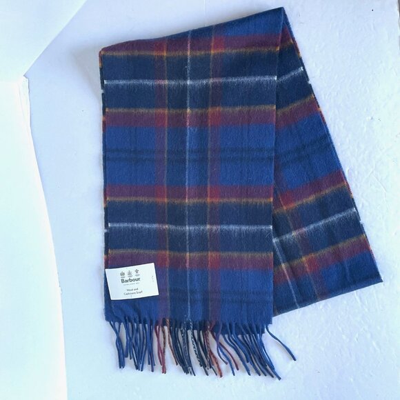 Barbour Tartan Plaid Wool Cashmere Scarf Blue Red Long Fringed Classic Unisex - Picture 2 of 5